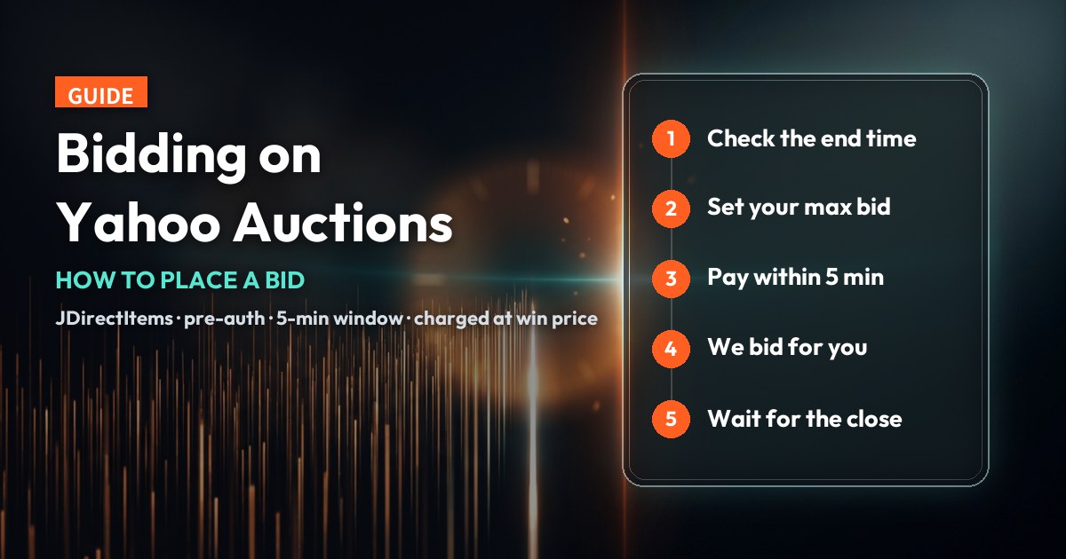 Cover for the Yahoo Auctions bidding guide, showing five numbered steps from checking the end time to waiting for the close