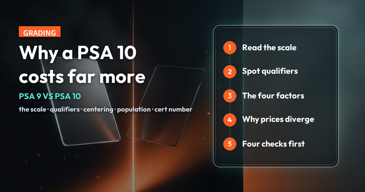 Cover for the PSA 9 versus PSA 10 explainer, with five numbered steps from reading the scale to the four pre-purchase checks