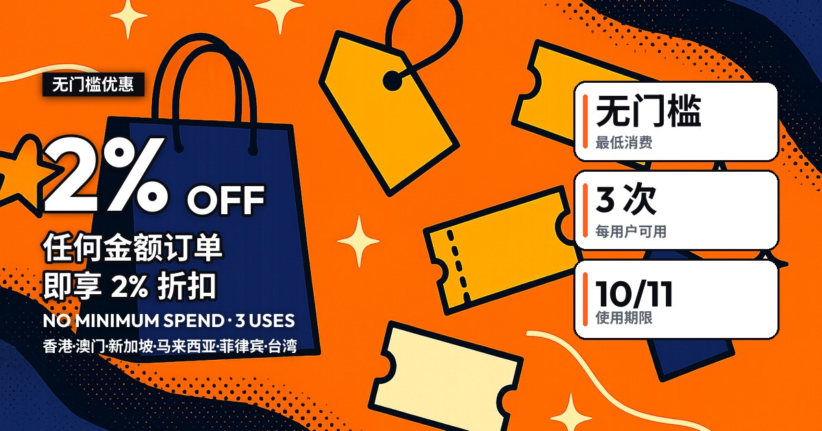 Collect2Day 2% OFF 优惠码封面：「2% OFF」无门槛，右侧三格条款：无门槛、每用户可用 3 次、10/11 截止