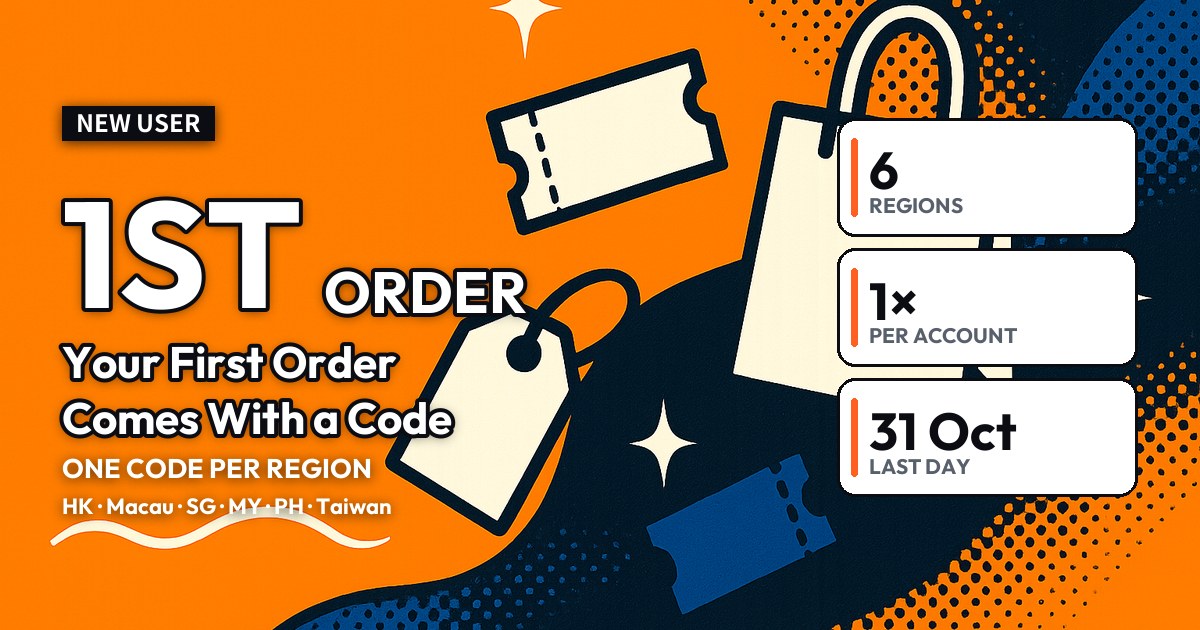 Promotional cover reading 1ST ORDER, with three term tiles: 6 regions, once per account, ends 31 Oct