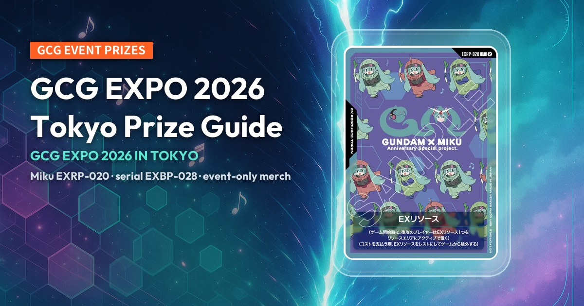 Japanese EXRP-020 Hatsune Miku × Gundam EX Resource card on an abstract backdrop, titled "GCG EXPO 2026 Tokyo prizes".
