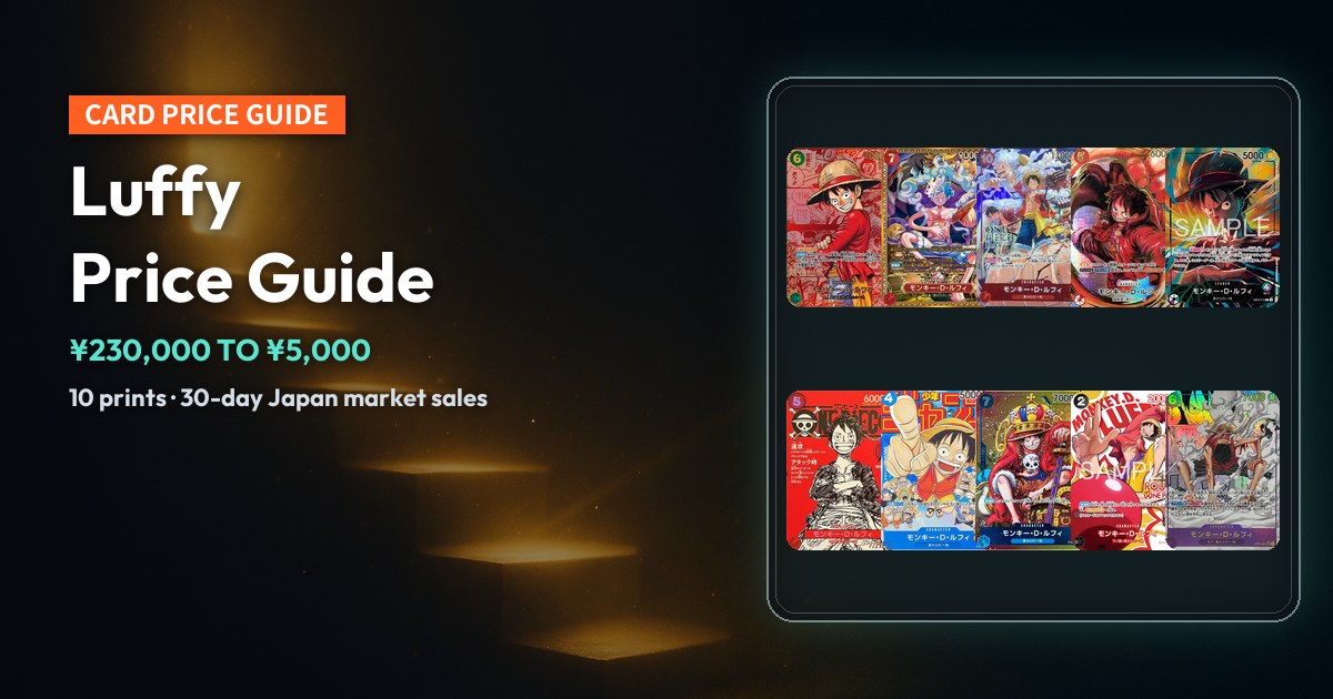 Deep-navy staircase cover with 10 large real Luffy card images in two overlapping rows, reading "Luffy Card Price Guide".