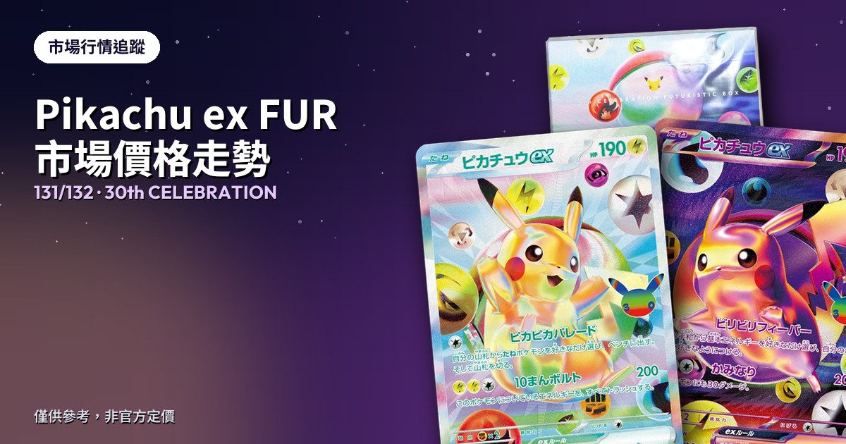 「30th CELEBRATION FUTURISTIC BOX」包裝及Pikachu ex FUR特典卡［131/M-P］、［132/M-P］實物照片合成，配上市場價格走勢排版。