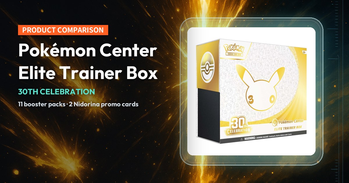 Official 30th Celebration Pokémon Center Elite Trainer Box packaging photo, set against a gold celebration-themed background.