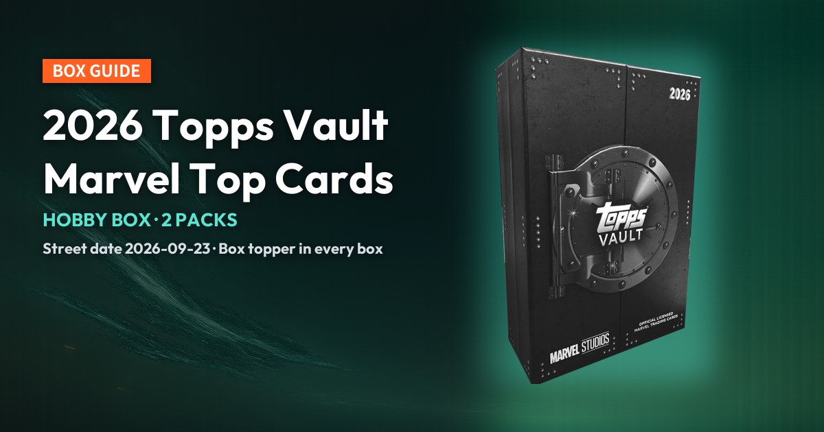 2026 Topps Vault Marvel hobby box with product-info typography.