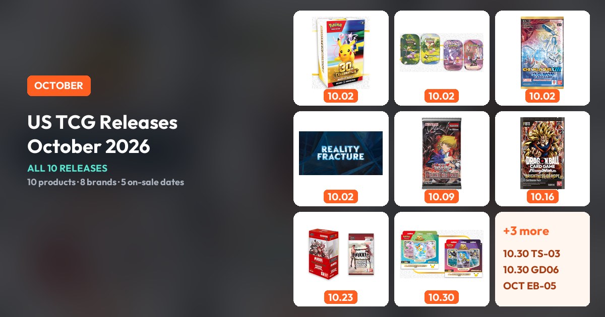 US TCG releases October 2026 cover: the headline beside a grid of eight official product images with on-sale dates.