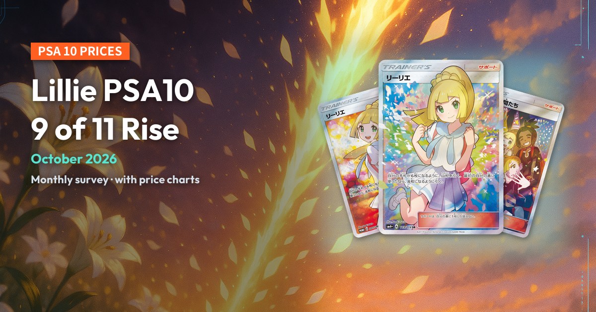Lillie PSA10: the Ganba Lillie, Extra Battle Day Lillie and Alolan Friends Pokémon cards fanned at right, with the headline at left.