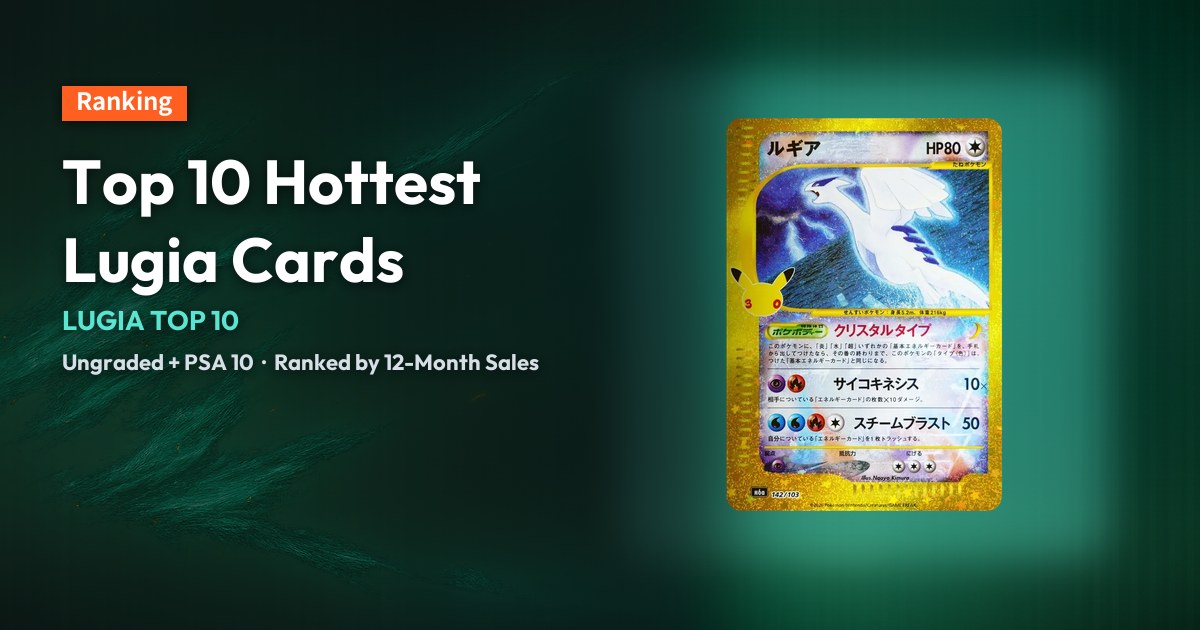 Pokémon card Lugia [M6a 142/103] with "Top 10 Hottest Lugia Cards" typography.