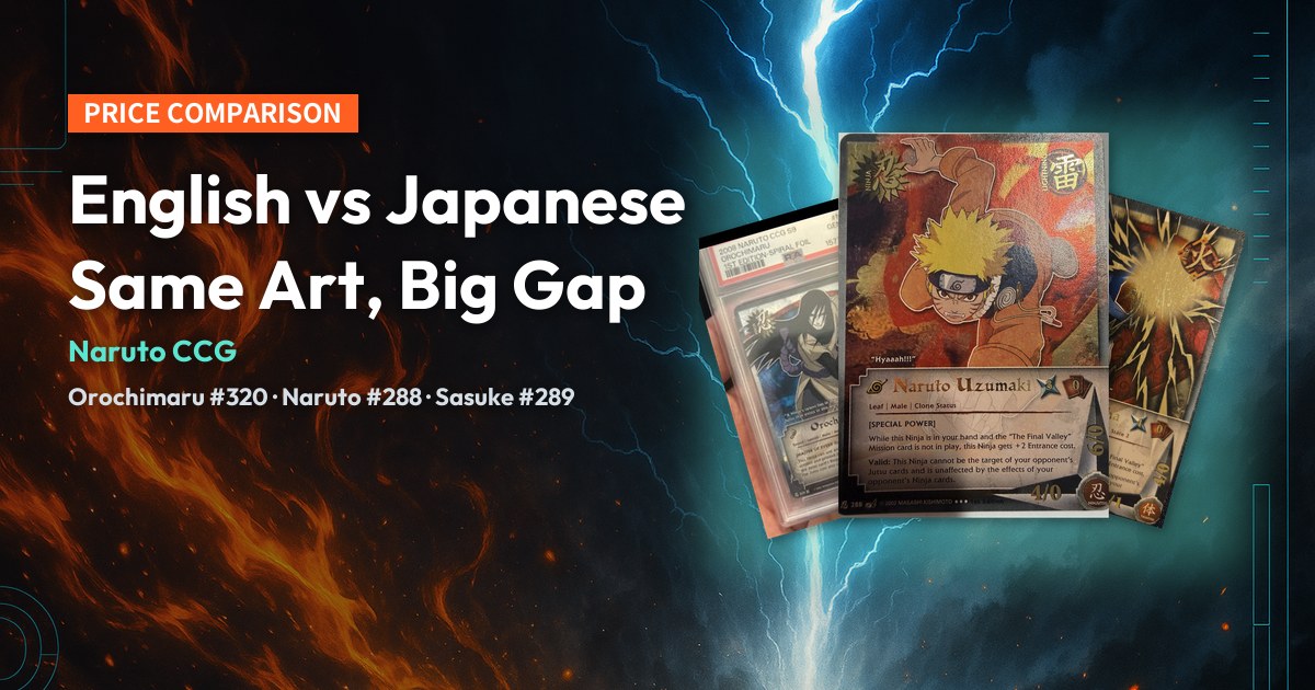 Naruto CCG English Naruto #288, Orochimaru #320 PSA 10 and Sasuke #289 cards with title typography.