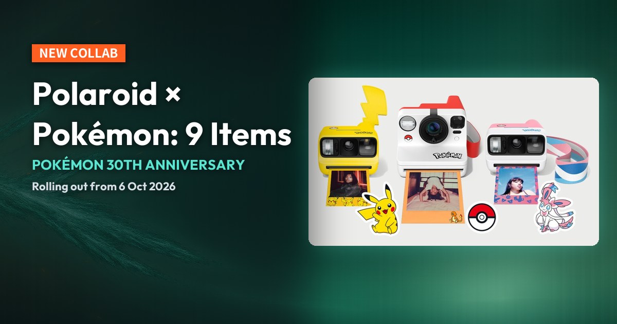 Polaroid × Pokémon Pikachu, Poké Ball and Sylveon instant cameras, with collab-info typography.